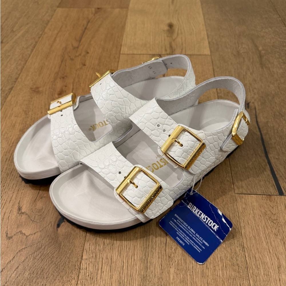 Birkenstock Milano Embossed Leather Sandals Emboss White Gold Size 38 Size 7.5